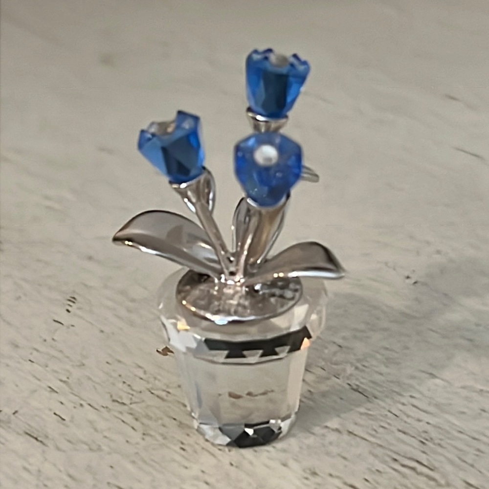 Swarovski Silver Crystal blue floral flowers pot stamped